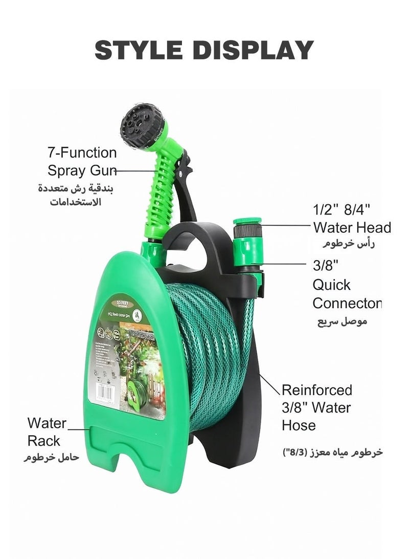 خرطوم مياه للحديقة بطول 10 متر مع حامل حائط وفوهة رش بـ7 وظائف، خرطوم مقوى عالي الضغط 3/8 بوصة للري وغسيل السيارات - Image 4